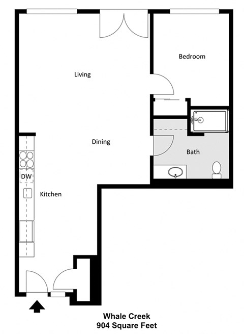 Floor plan for 1 bed, 1 bath, 904 sqft